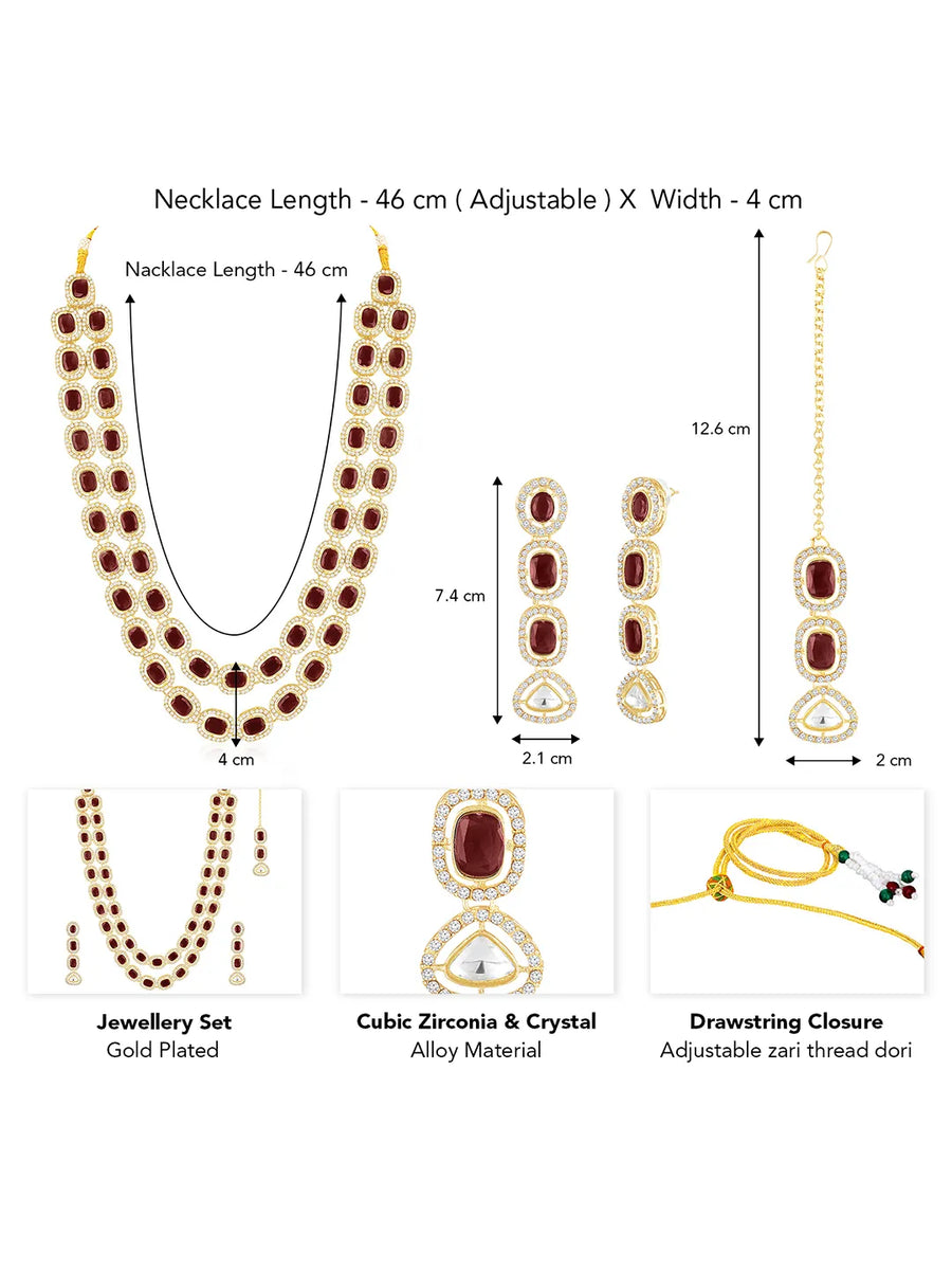 Gold Plated Maroon Halo Layered Necklace Set