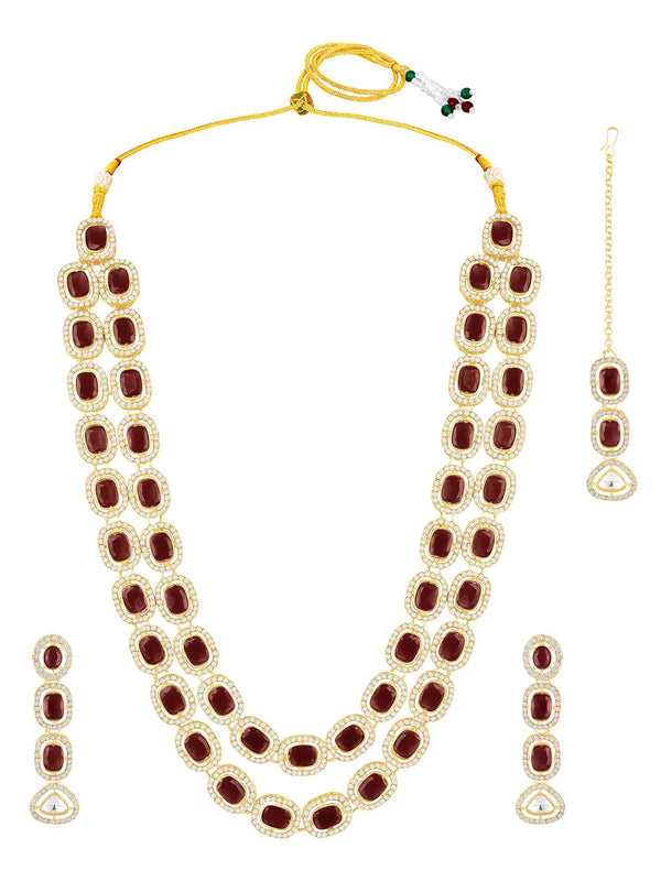 Gold Plated Maroon Halo Layered Necklace Set