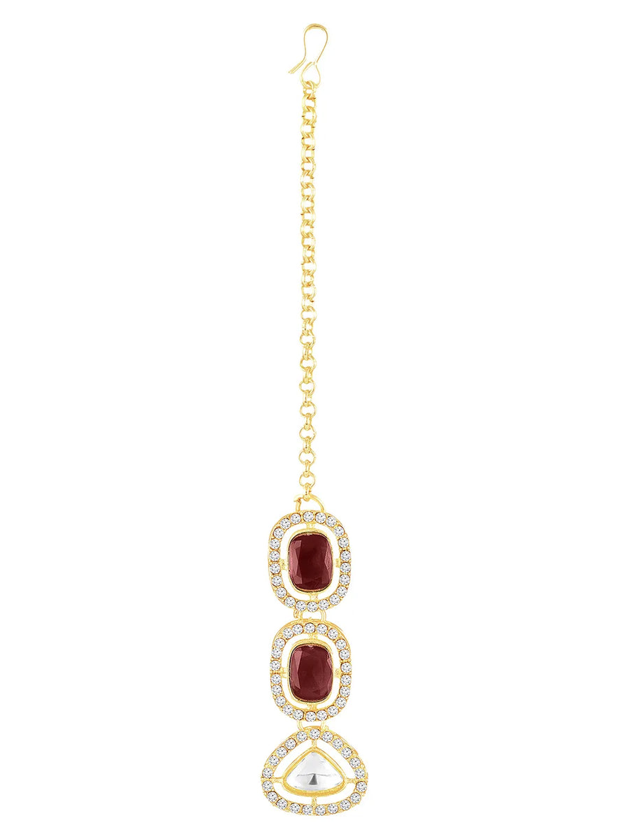 Gold Plated Maroon Halo Layered Necklace Set