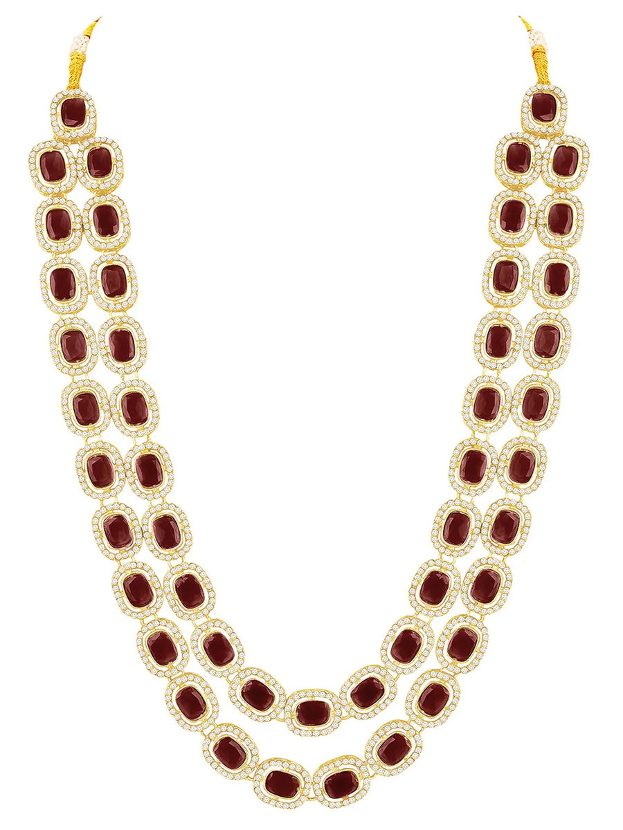 Gold Plated Maroon Halo Layered Necklace Set
