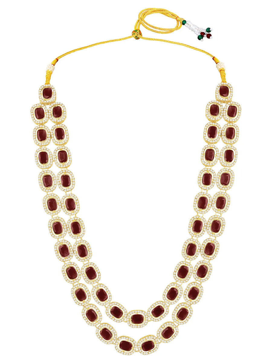 Gold Plated Maroon Halo Layered Necklace Set
