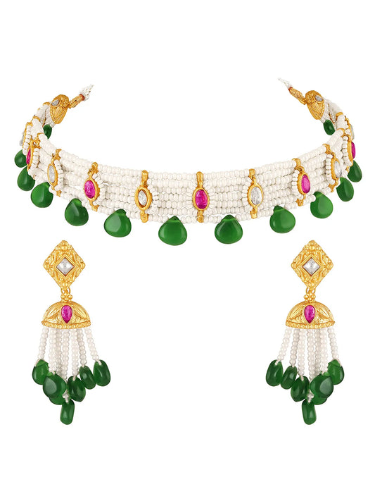 Peora Green Onyx Pearl Kundan Choker Set