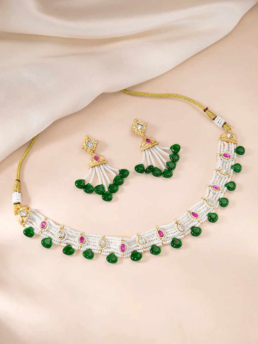 Peora Green Onyx Pearl Kundan Choker Set