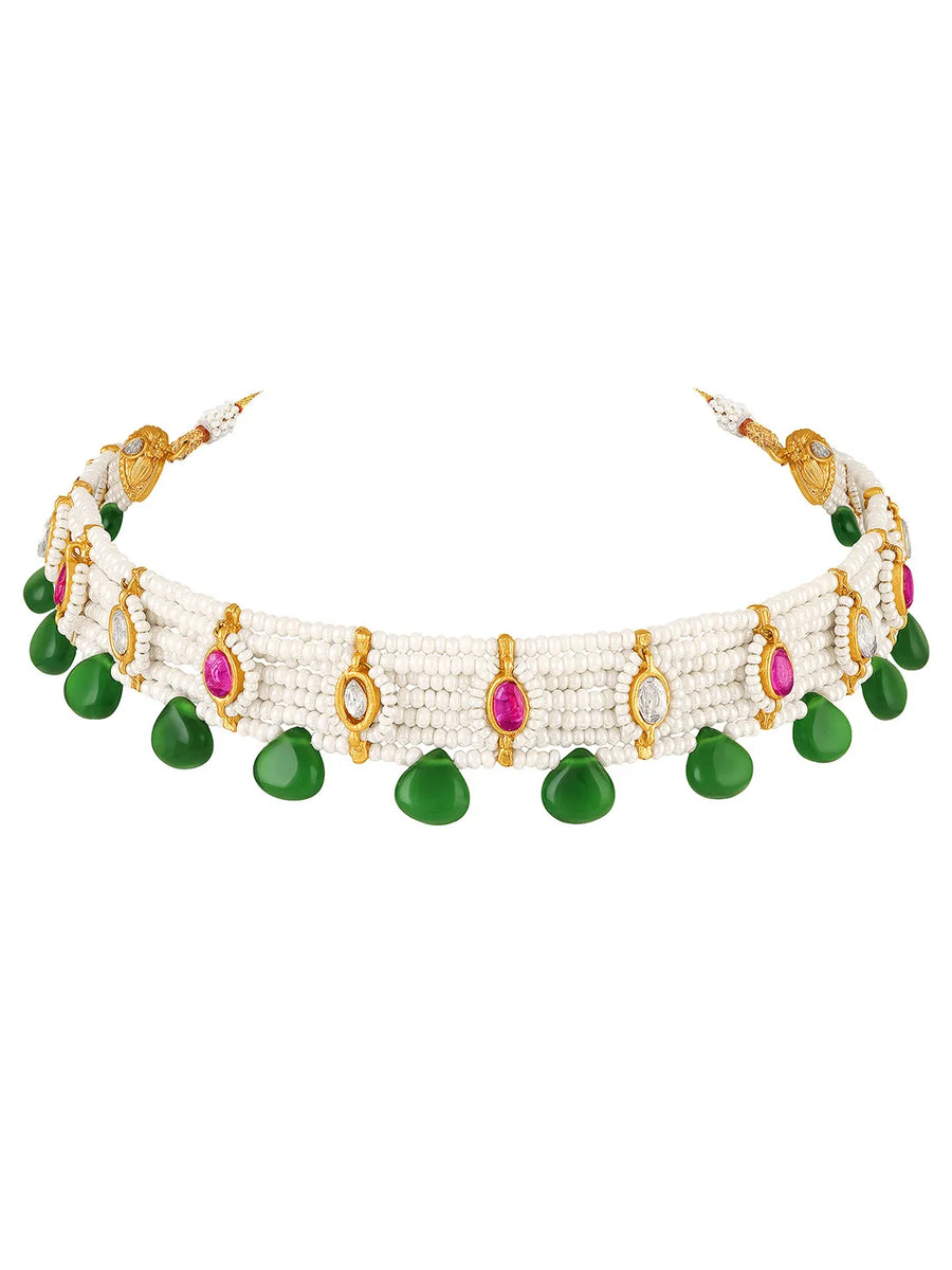Peora Green Onyx Pearl Kundan Choker Set