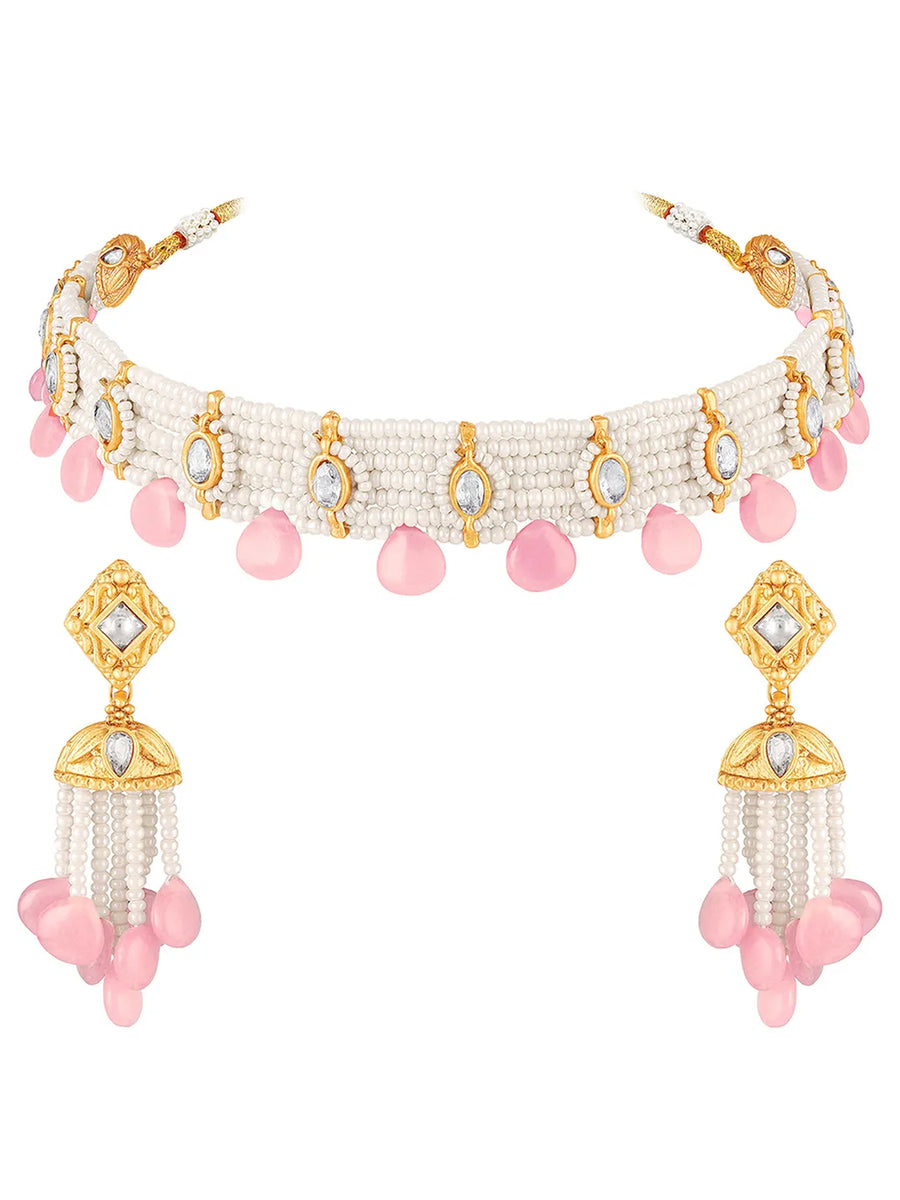 Peora Rose Pink Pearl Kundan Choker Set