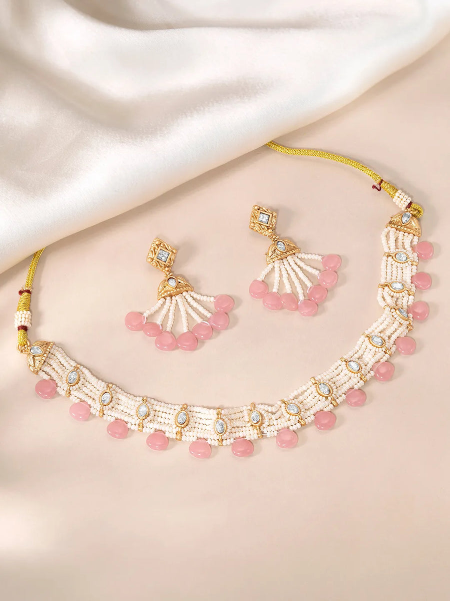 Peora Rose Pink Pearl Kundan Choker Set