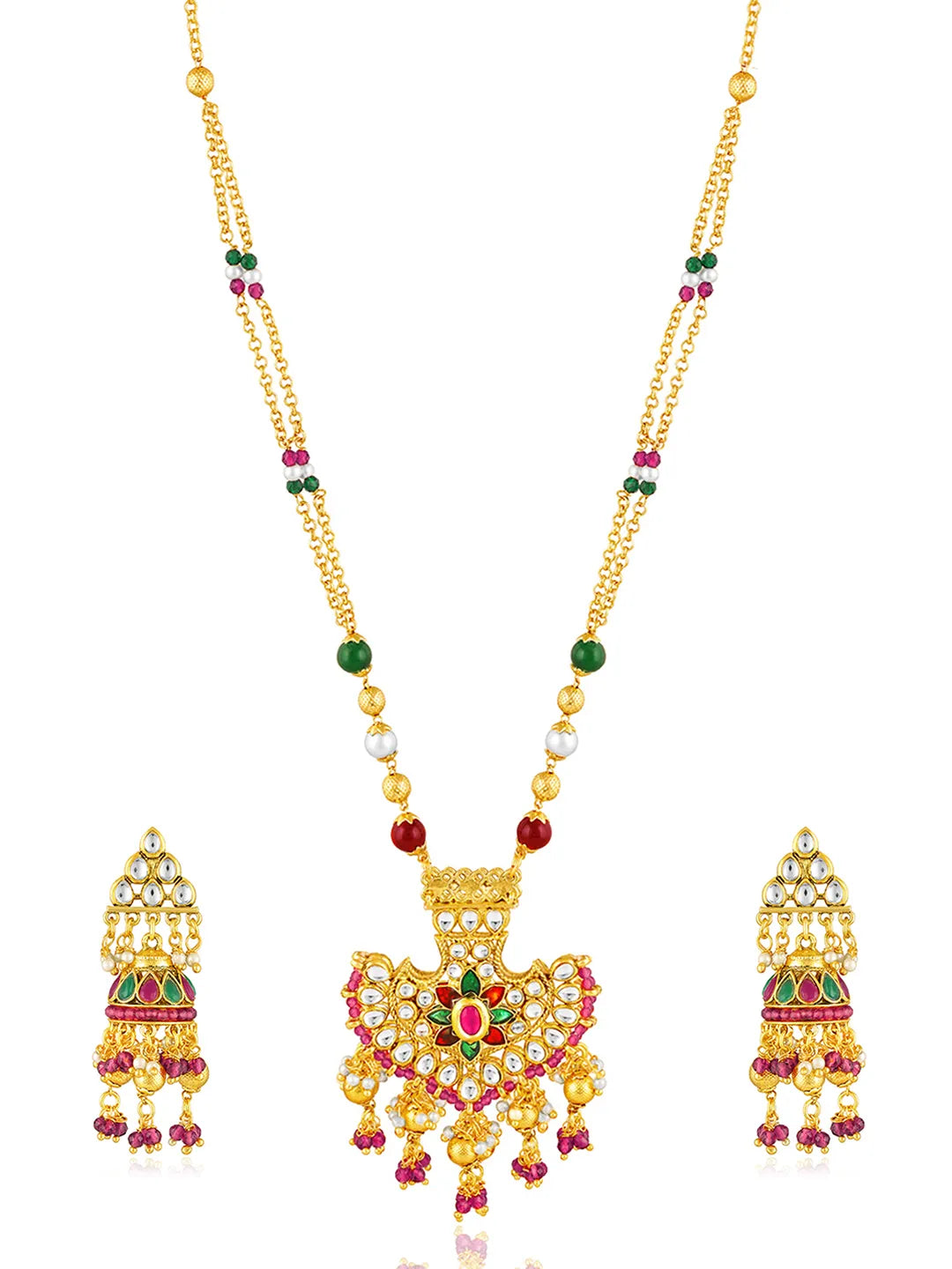 Multi necklace earrings set crafted from alloy, adorned with faux kundan & beads for an elegant, timeless look | Peora
