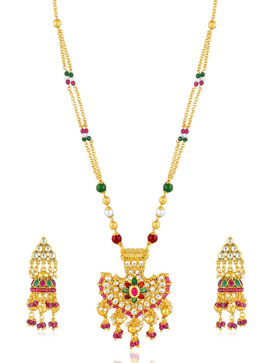 Multi necklace earrings set crafted from alloy, adorned with faux kundan & beads for an elegant, timeless look | Peora
