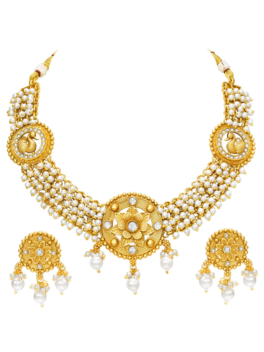 Peora Pearl Rosette Necklace Set - Gold