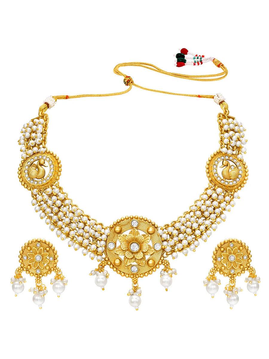 Peora Pearl Rosette Necklace Set - Gold