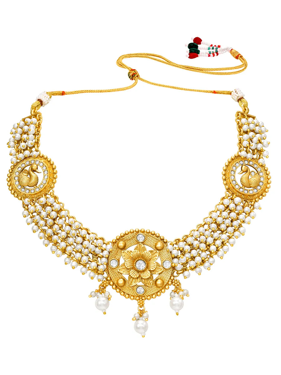 Peora Pearl Rosette Necklace Set - Gold
