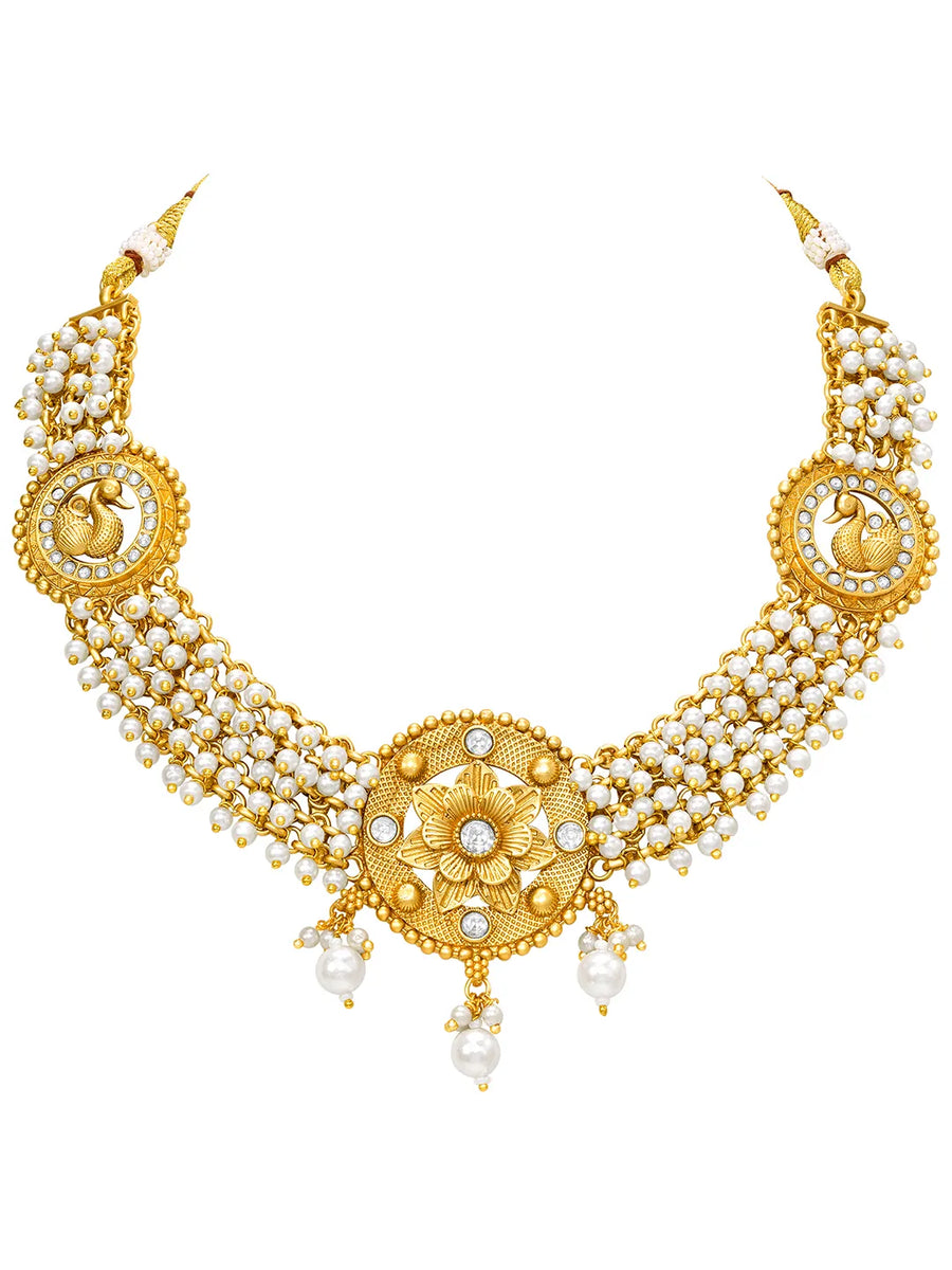 Peora Pearl Rosette Necklace Set - Gold