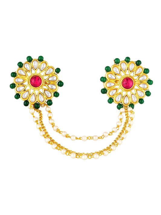 Gold Plated Kundan Floral Double Finger Ring