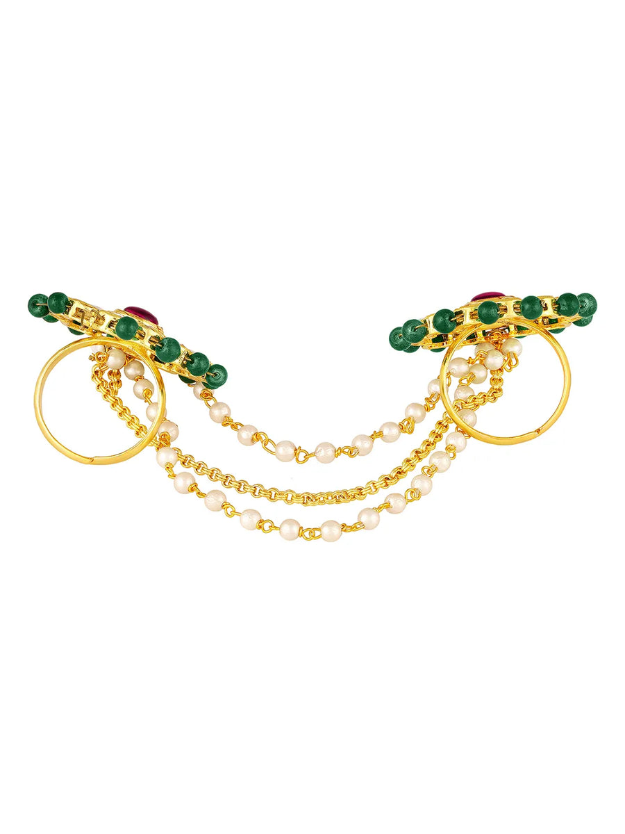 Gold Plated Kundan Floral Double Finger Ring