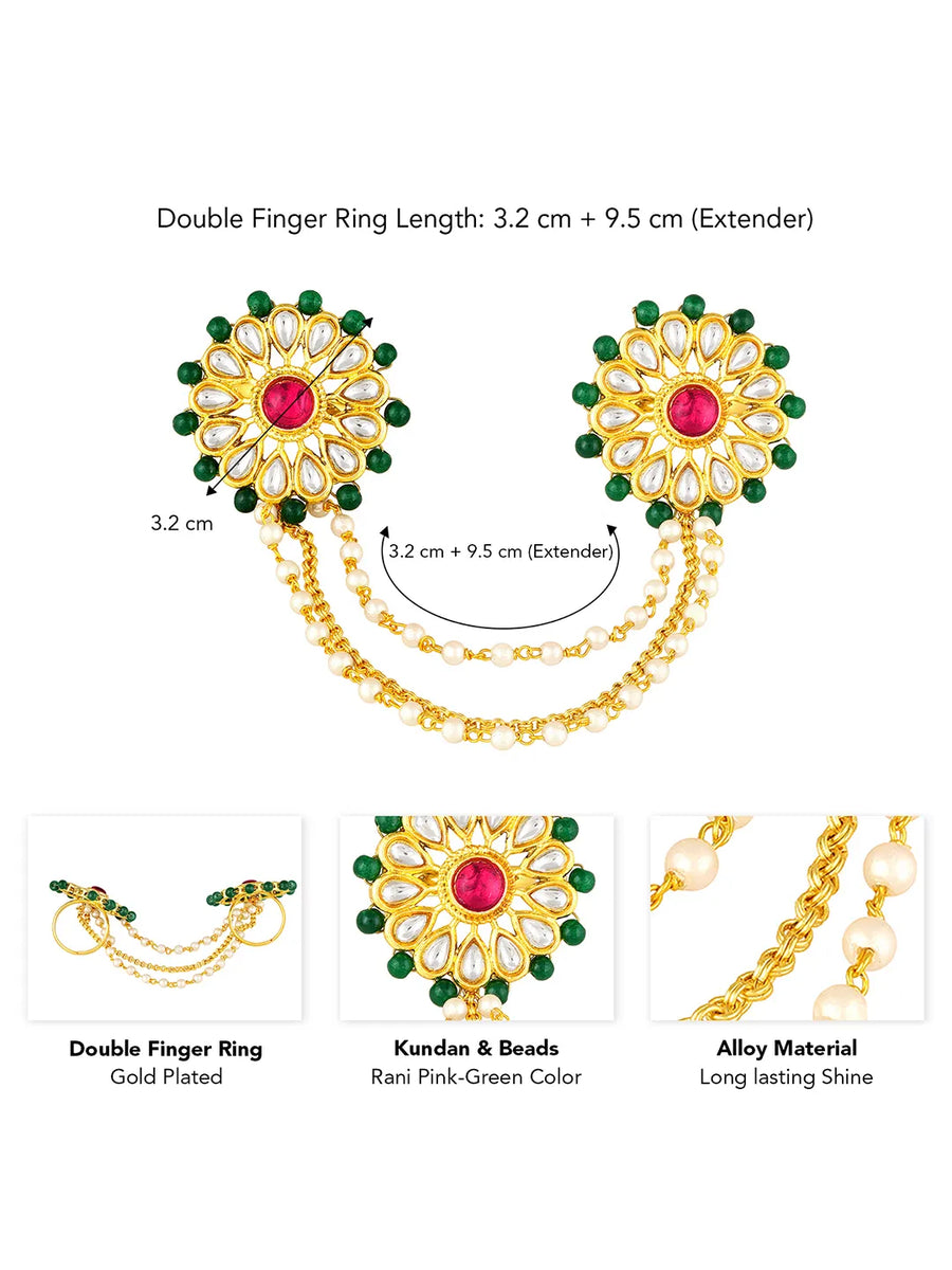 Gold Plated Kundan Floral Double Finger Ring