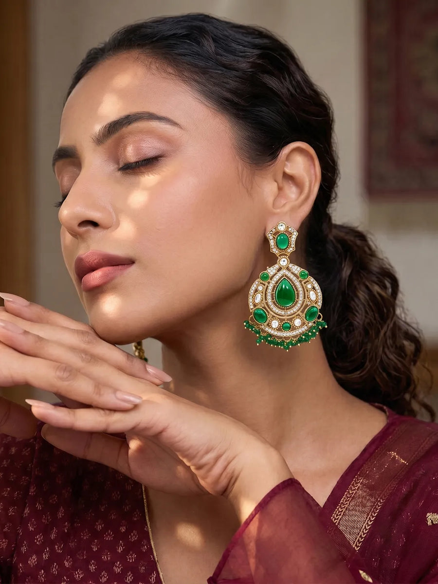 Gold Plated Green Stone Statement Earrings