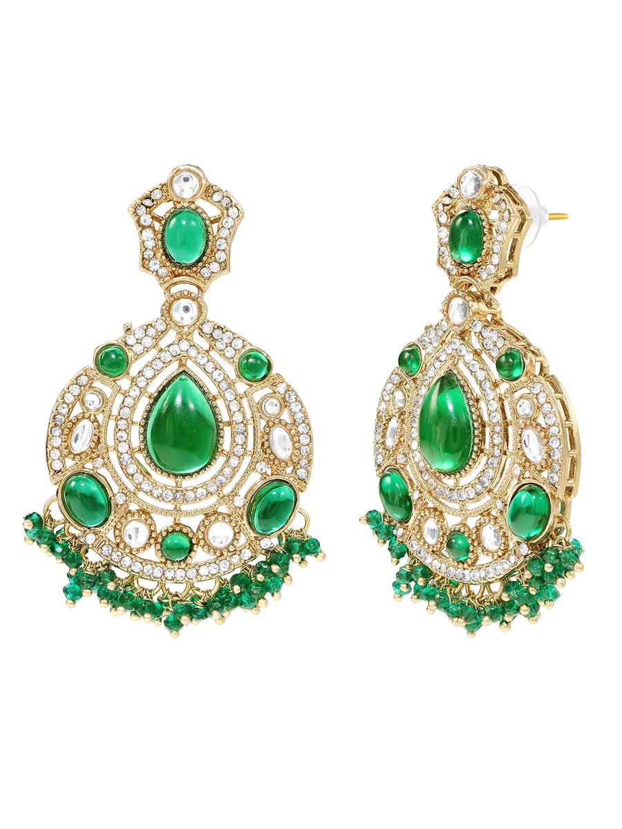 Gold Plated Green Stone Statement Earrings