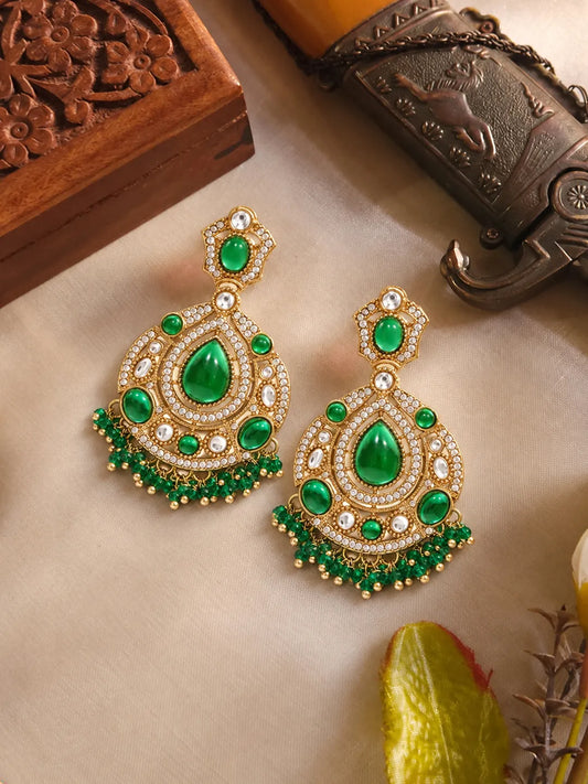 Gold Plated Green Stone Statement Earrings