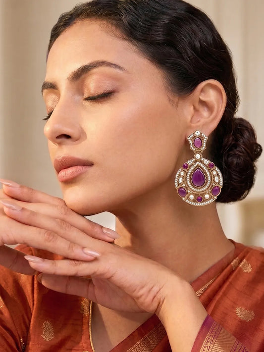 Gold Plated Purple Stone Statement Earrings