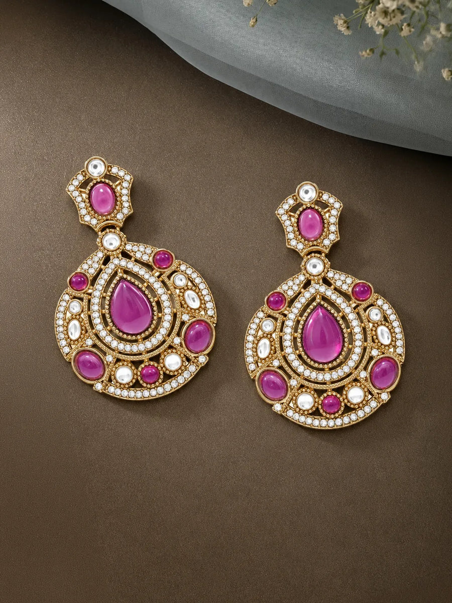 Gold Plated Purple Stone Statement Earrings