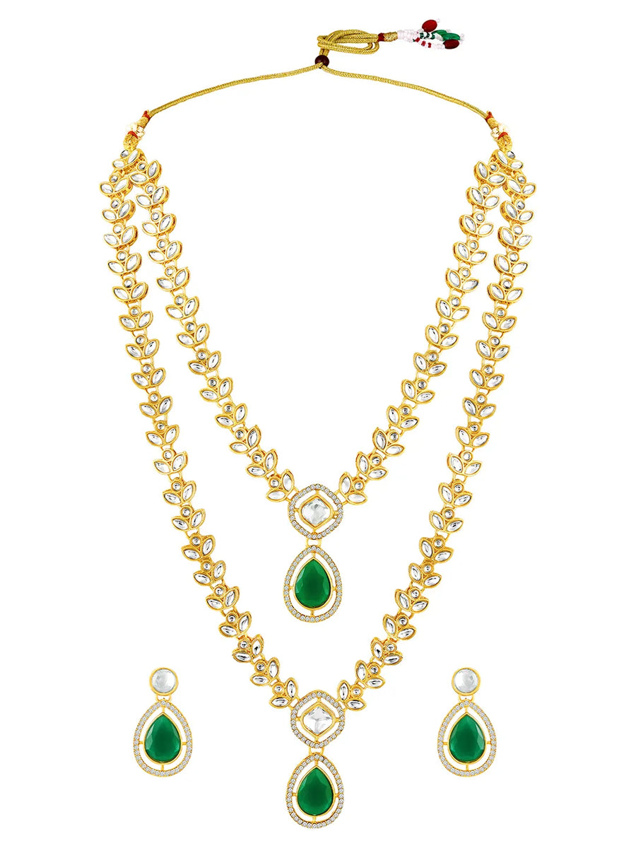 Peora Gold Kundan Necklace Set With Green Drops