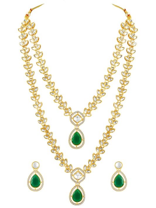 Peora Gold Kundan Necklace Set With Green Drops