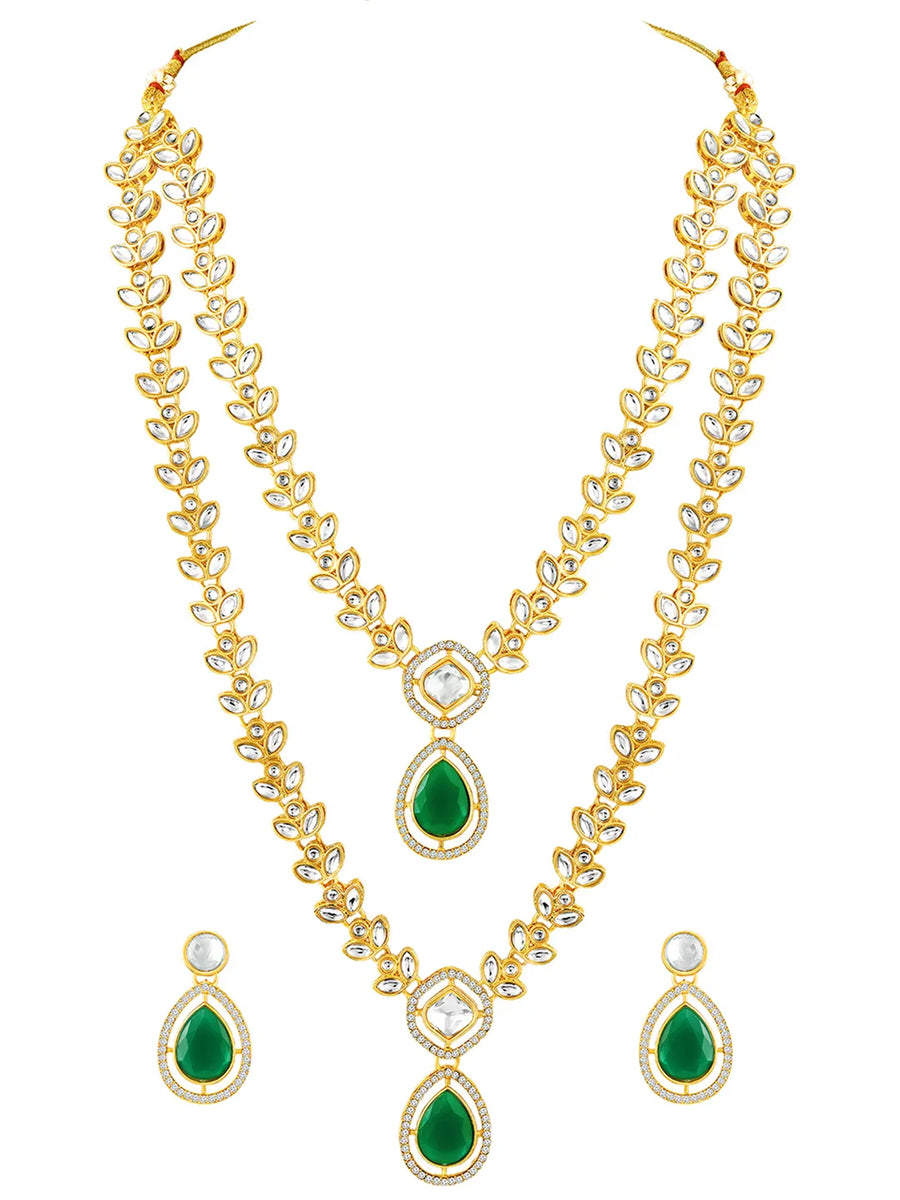 Peora Gold Kundan Necklace Set With Green Drops
