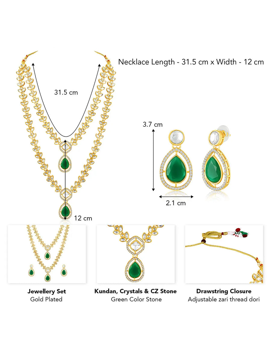 Peora Gold Kundan Necklace Set With Green Drops