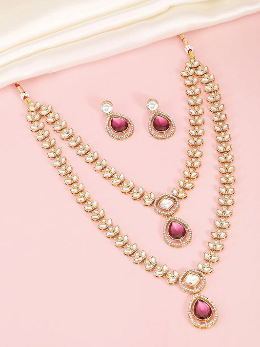 Peora Gold Kundan Necklace Set With Pink Drops