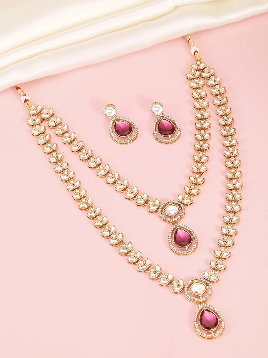 Peora Gold Kundan Necklace Set With Pink Drops