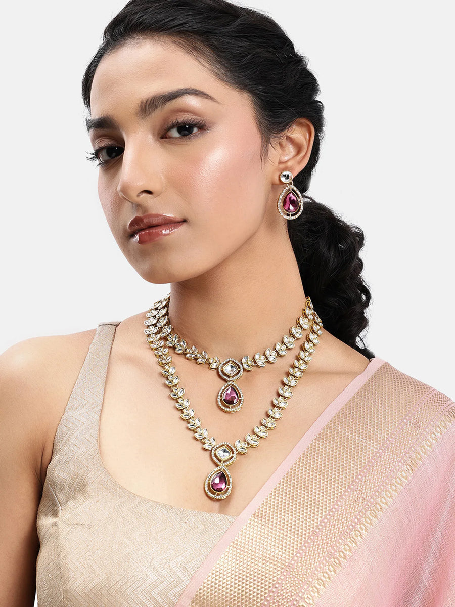 Peora Gold Kundan Necklace Set With Pink Drops