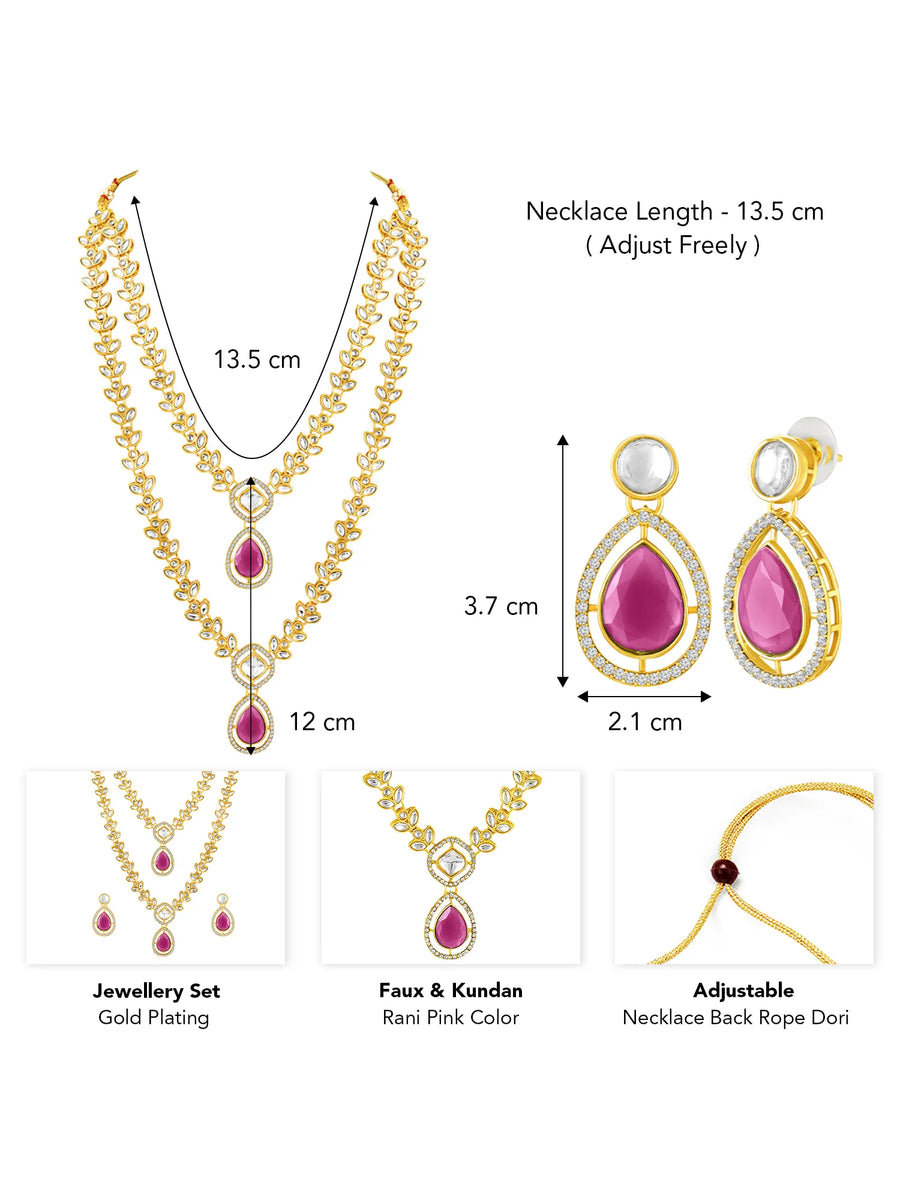 Peora Gold Kundan Necklace Set With Pink Drops