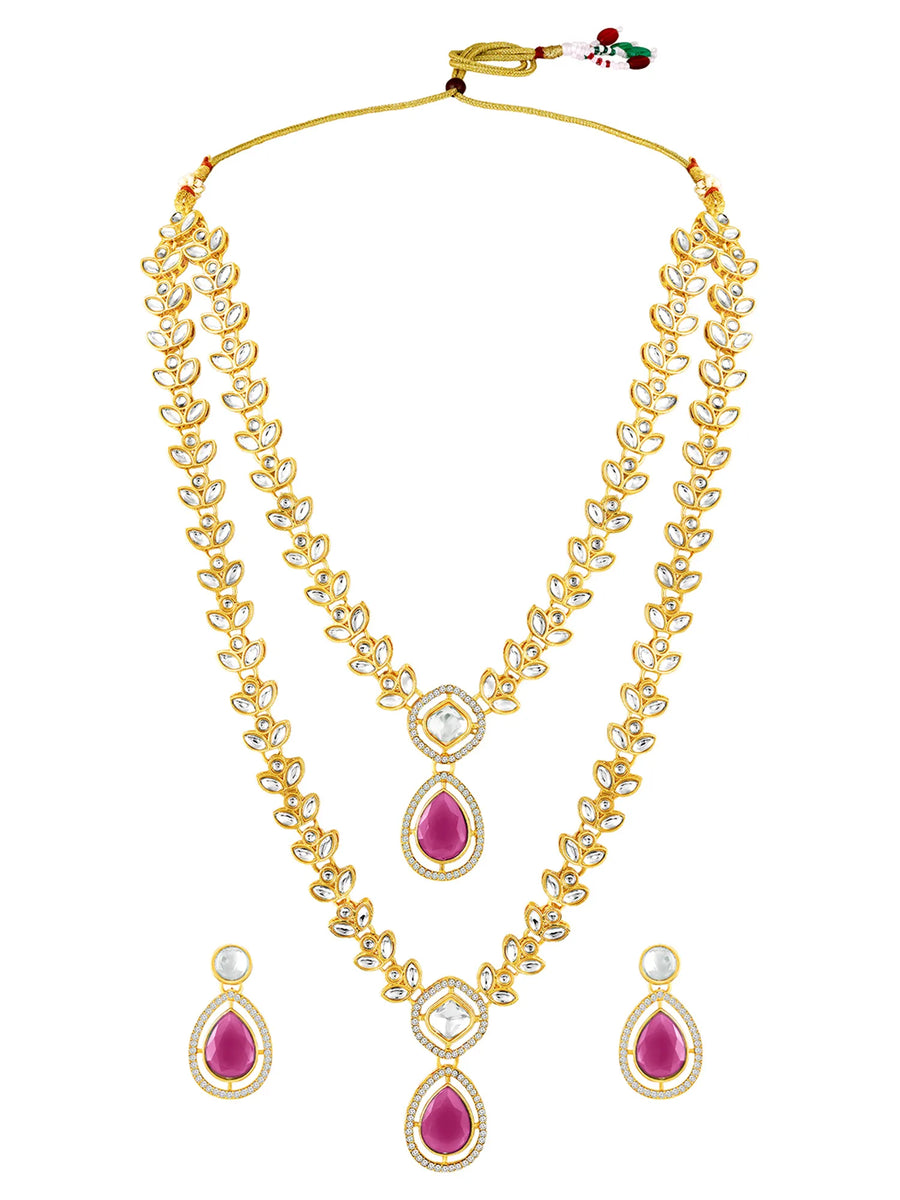 Peora Gold Kundan Necklace Set With Pink Drops