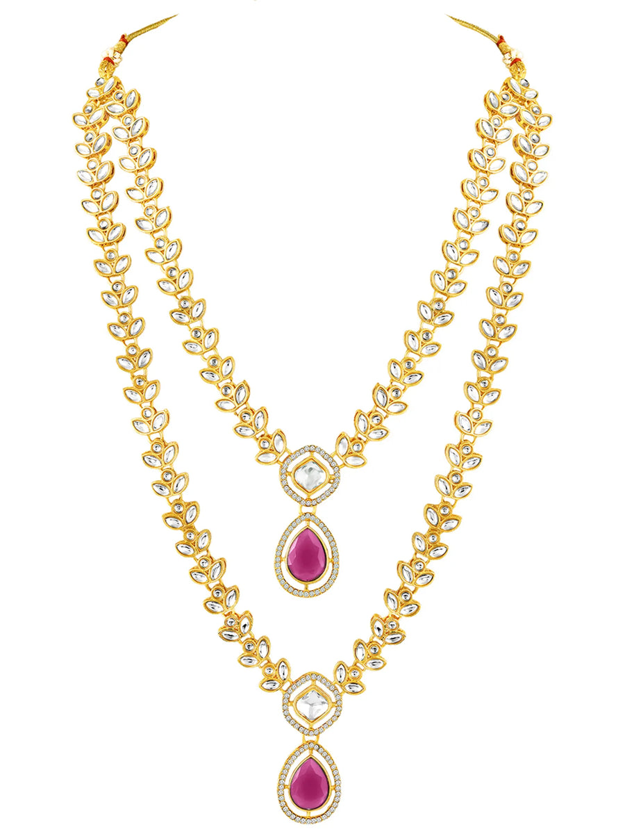 Peora Gold Kundan Necklace Set With Pink Drops