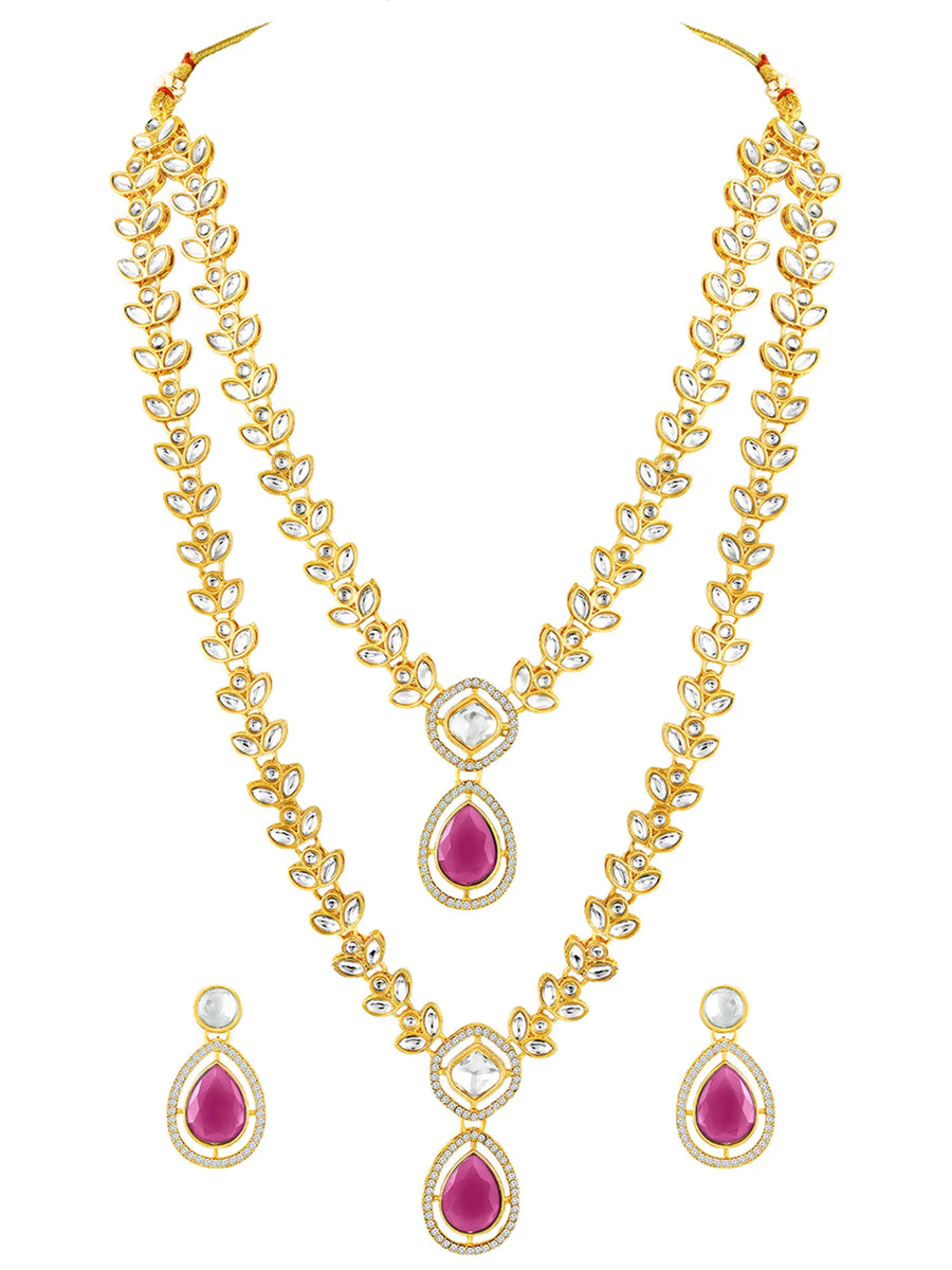 Peora Gold Kundan Necklace Set With Pink Drops