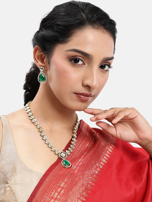 Peora Gold Kundan Leaf Green Necklace Set