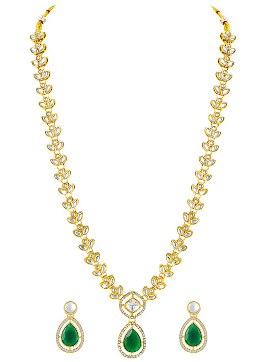 Peora Gold Kundan Leaf Green Necklace Set