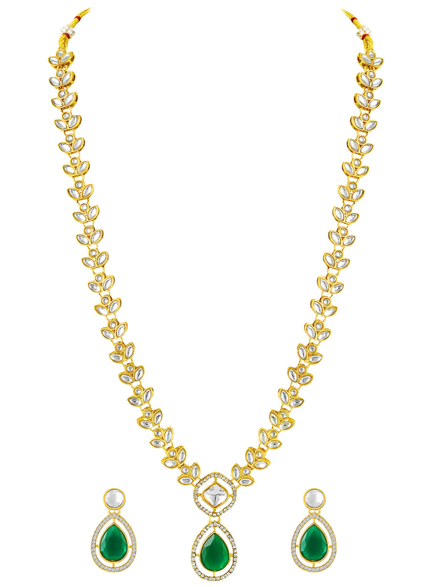 Peora Gold Kundan Leaf Green Necklace Set