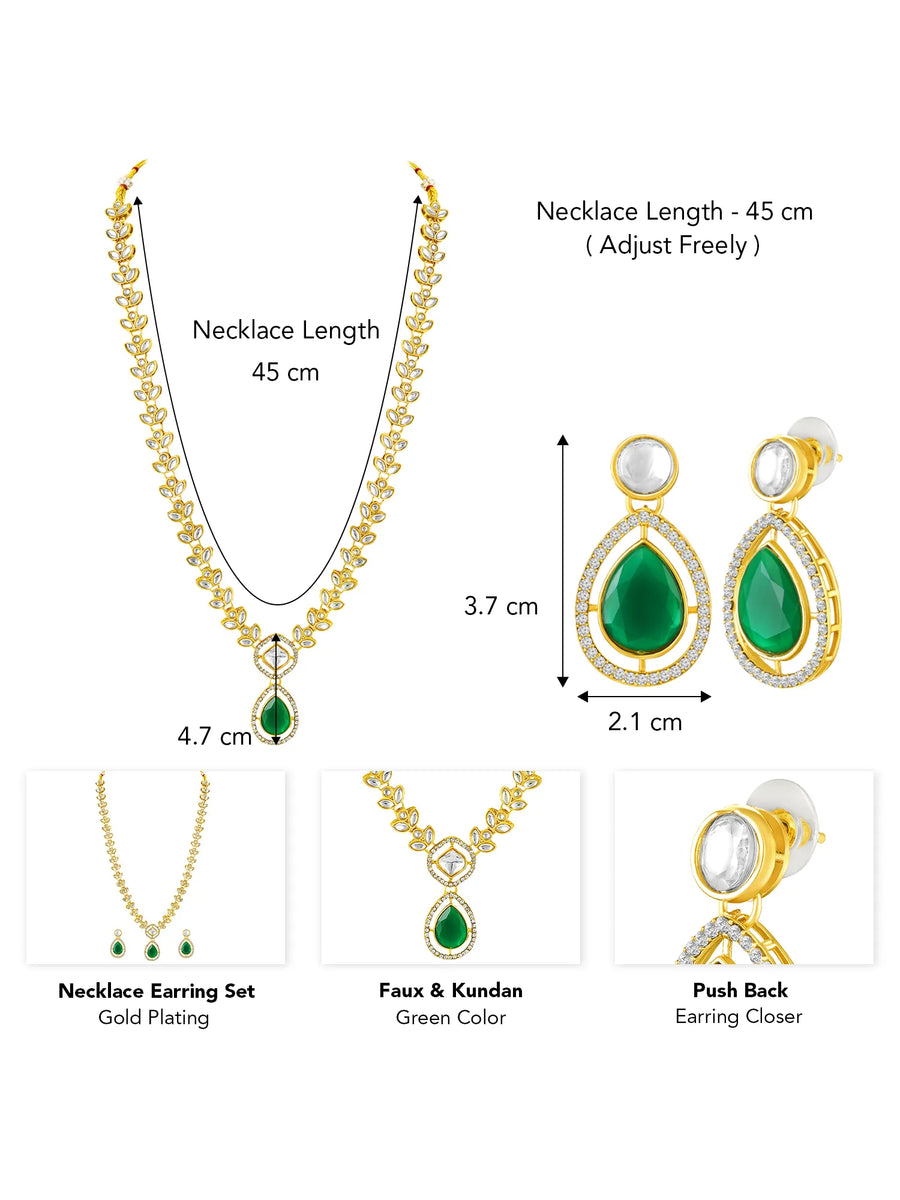 Peora Gold Kundan Leaf Green Necklace Set