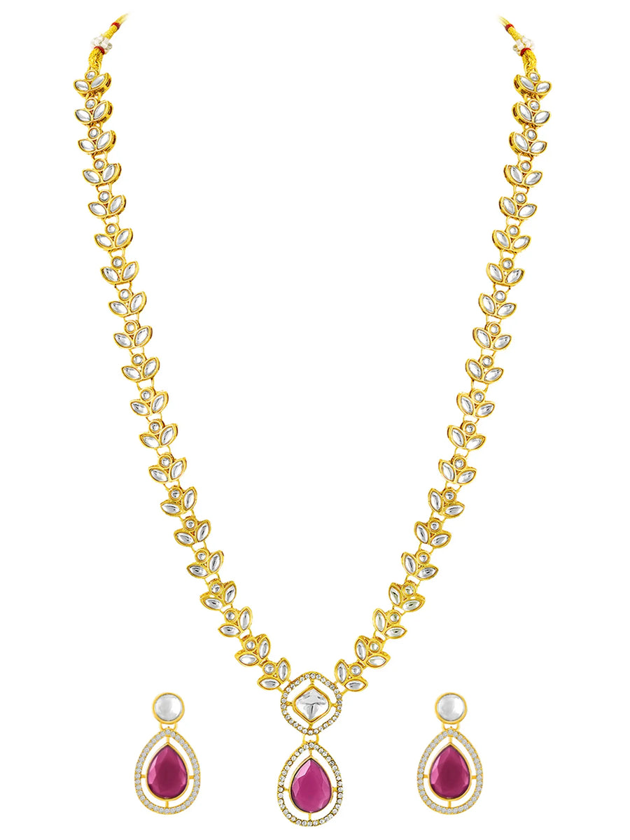 Peora Gold Kundan Leaf Pink Necklace Set