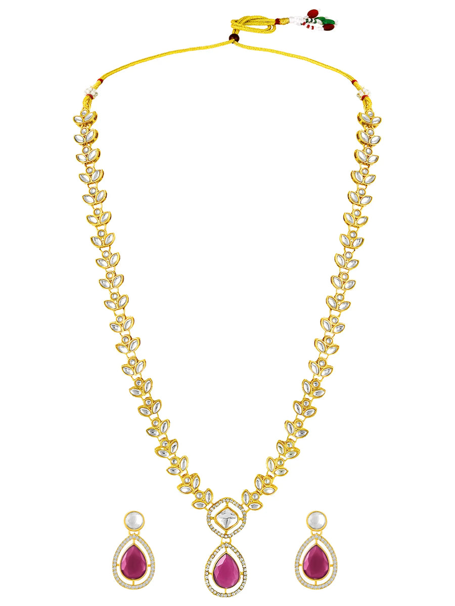 Peora Gold Kundan Leaf Pink Necklace Set