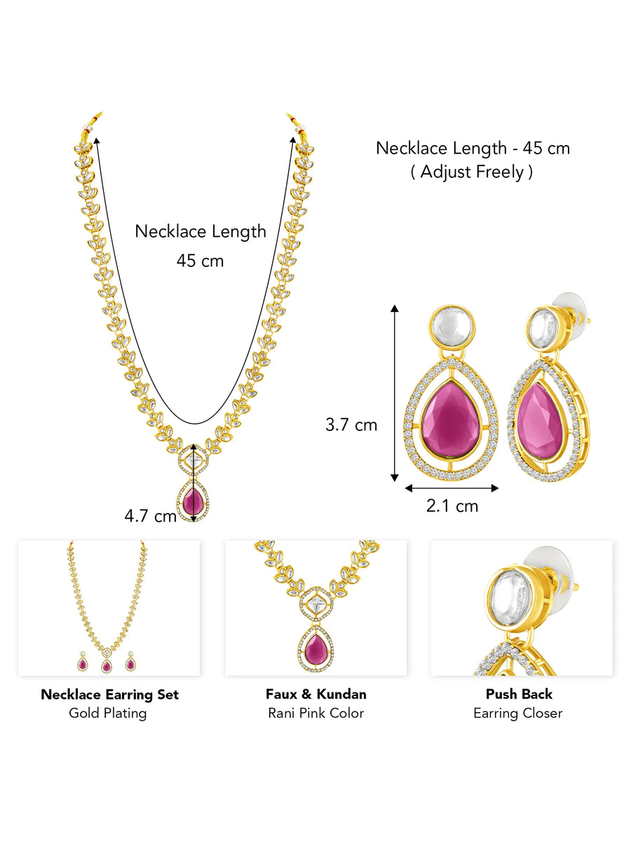 Peora Gold Kundan Leaf Pink Necklace Set