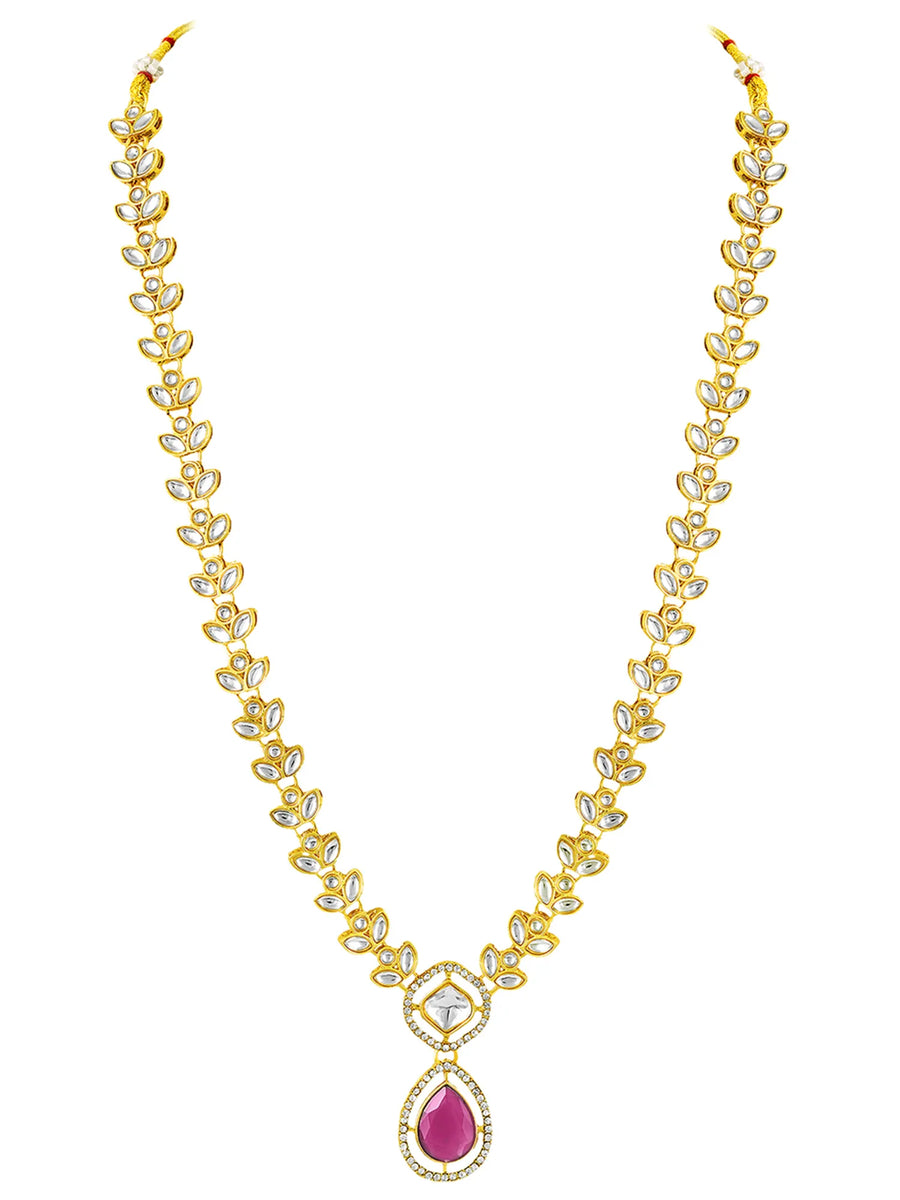 Peora Gold Kundan Leaf Pink Necklace Set