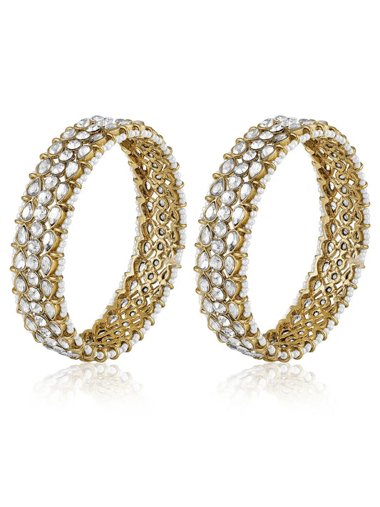 Peora Royal White Polki Gold Pearl Bangle Set