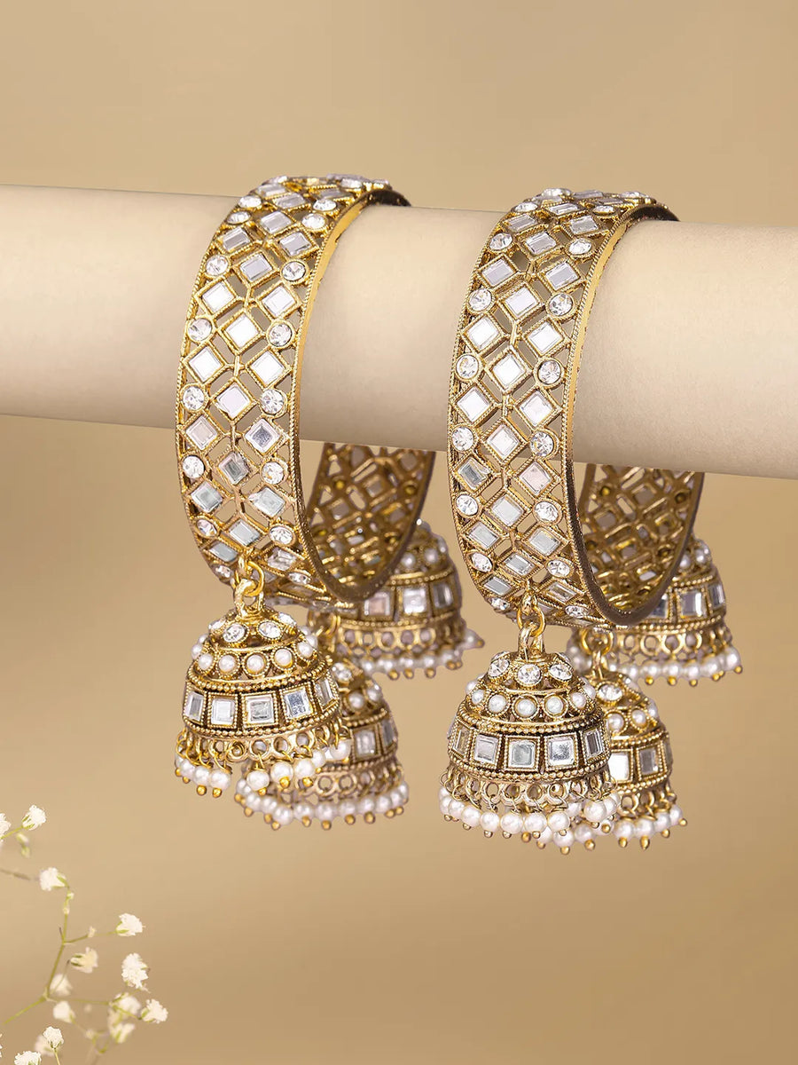 Heritage Jhumka Kundan Bangles,with white colour gemstones. Best for your ethnic & festive wear.