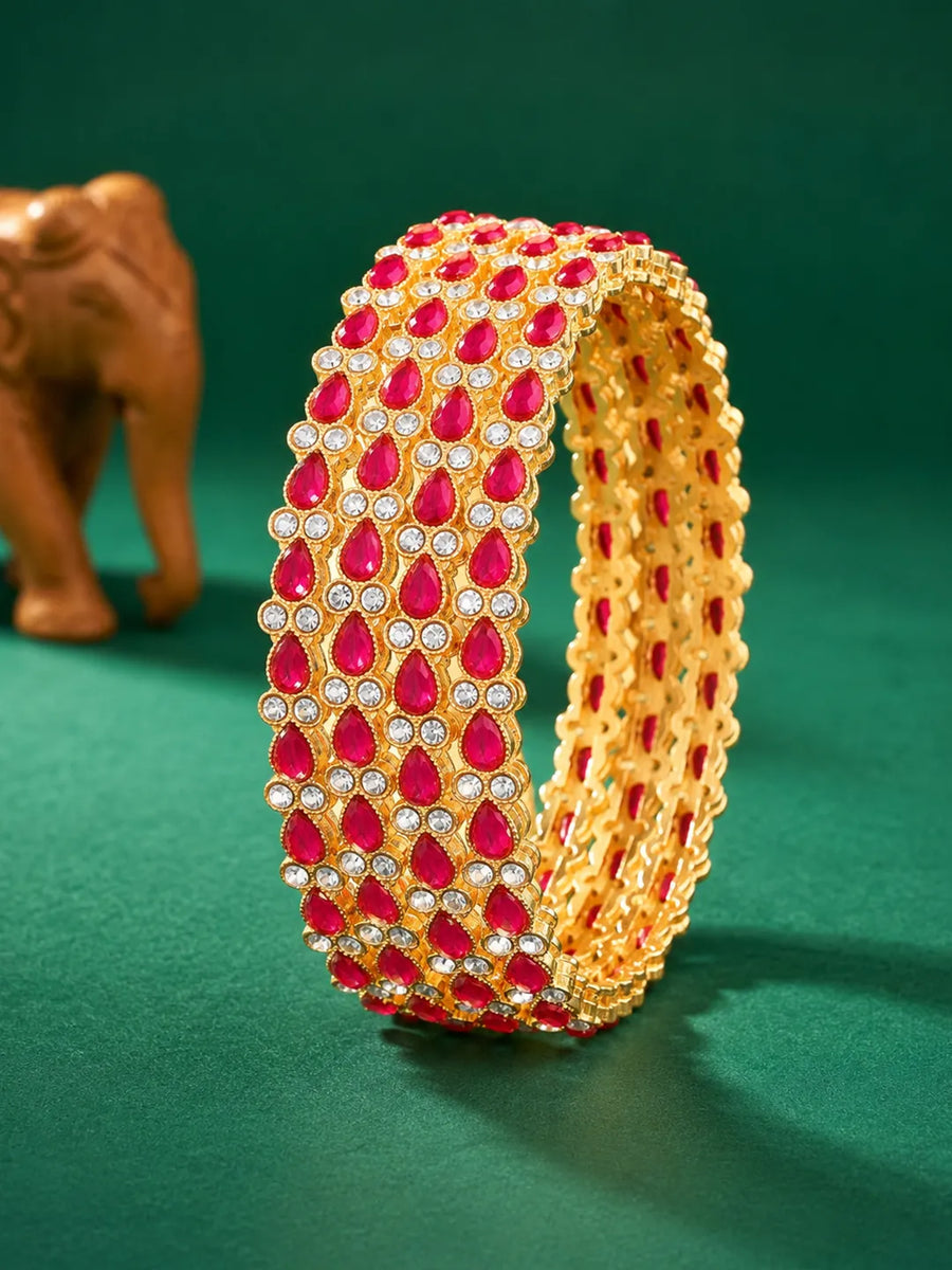 Gold Plated Ruby Crystal Classic Bangle Set