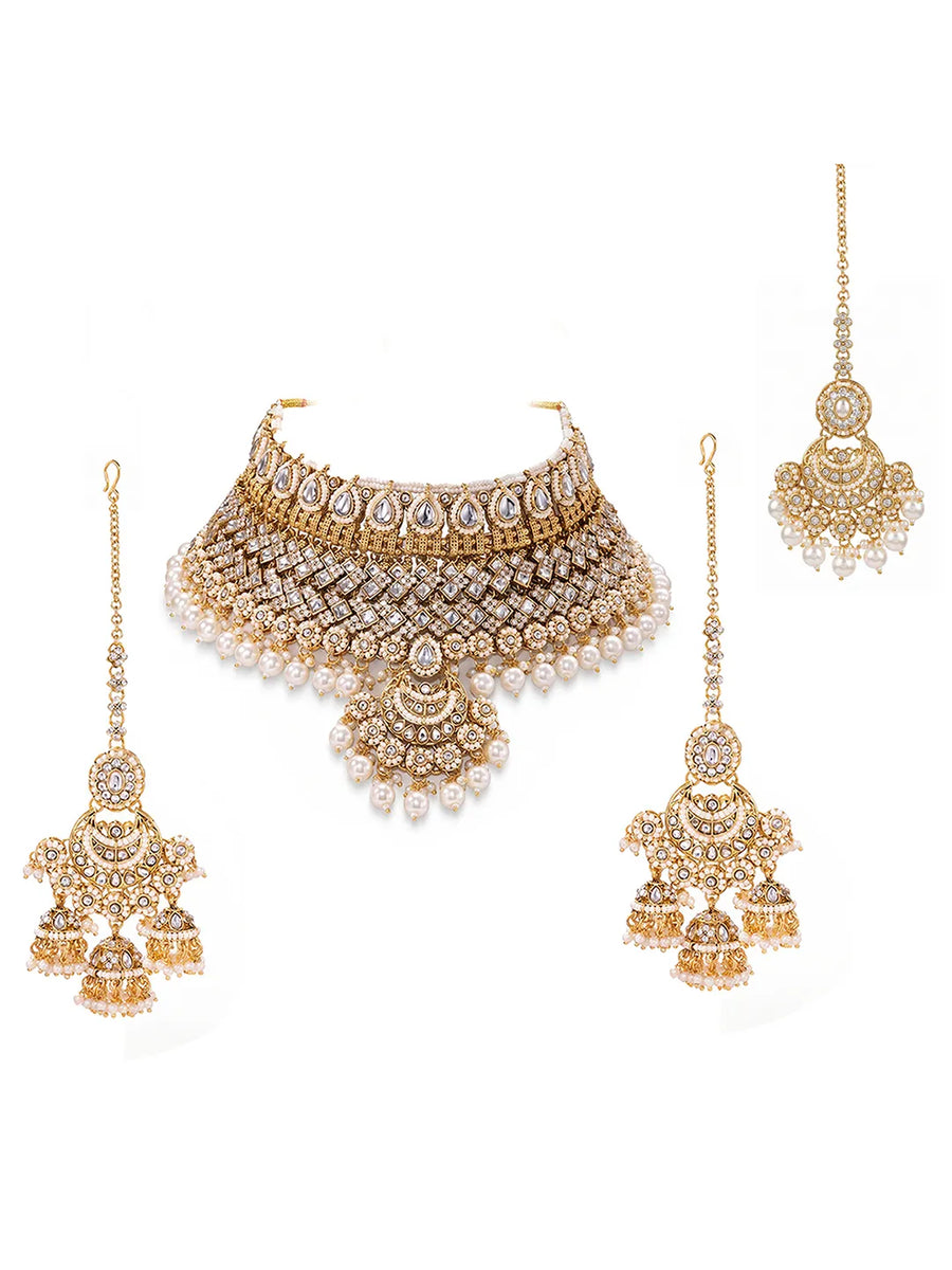 Gold Plated Kundan Pearl Bridal Jewellery Set