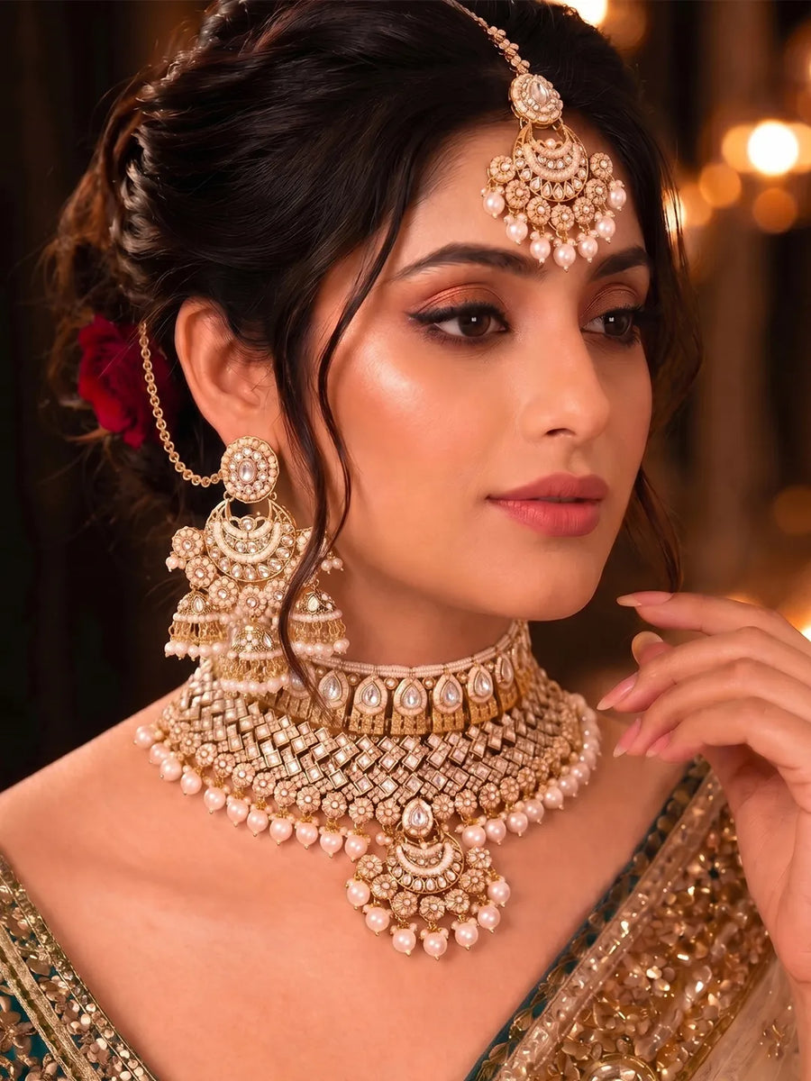 Gold Plated Kundan Pearl Bridal Jewellery Set