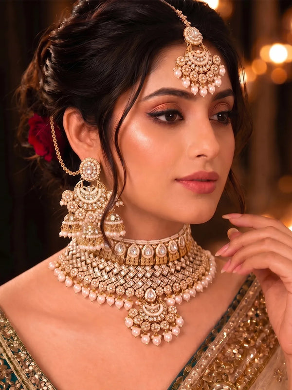 Gold Plated Kundan Pearl Bridal Jewellery Set