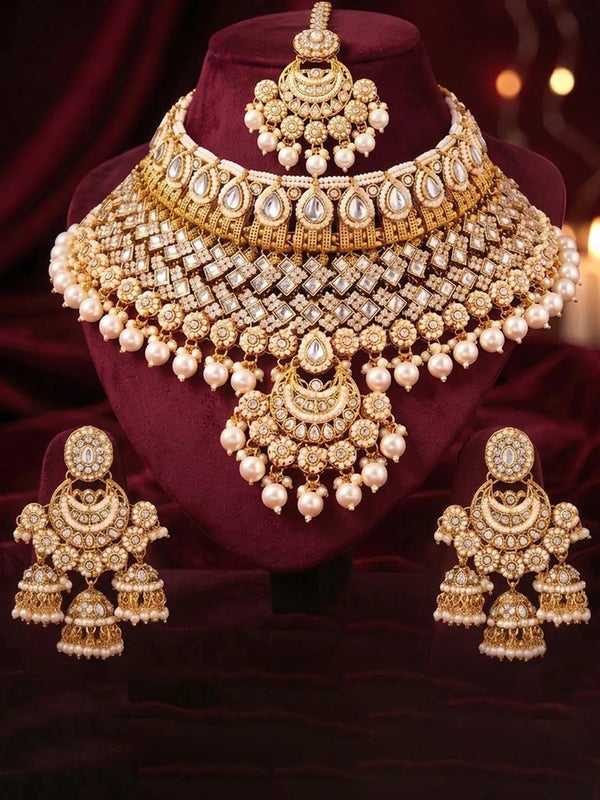 Gold Plated Kundan Pearl Bridal Jewellery Set